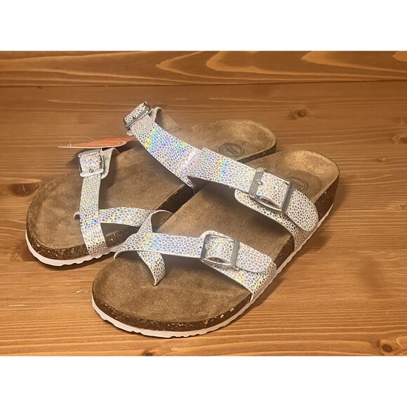 Wonder Nation Girls Silver Iridescent Footbed Thong Sandal 6 - Picture 7 of 12